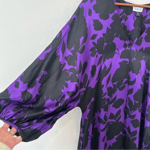 Delfi Collective V-neck Maxi Dress Anthropologie Silk Blend Purple Floral Pocket - Picture 4 of 12